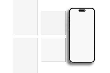 Smartphone mockup with social media post and stories interface mockup. Social media mobile app page template design for user carousel post feed. Minimal design interface template of social network