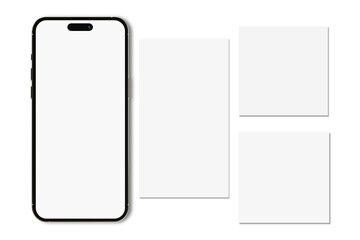 Smartphone mockup with social media post and stories interface mockup. Social media mobile app page...