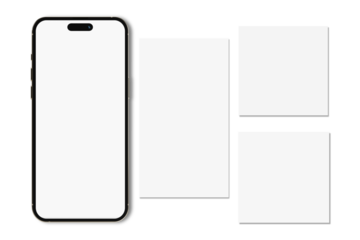 Smartphone mockup with social media post and stories interface mockup. Social media mobile app page template design for user carousel post feed. Minimal design interface template of social network