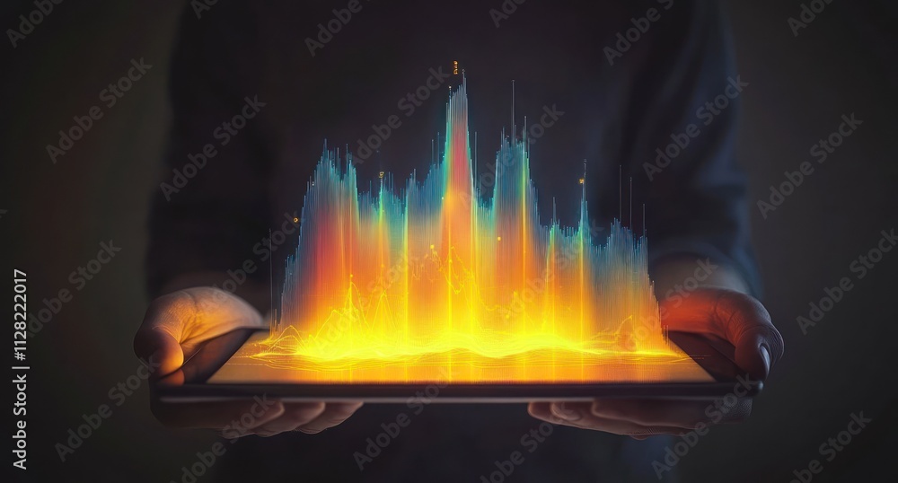 Poster a vibrant soundwave visualization displayed on a tablet, symbolizing audio technology.