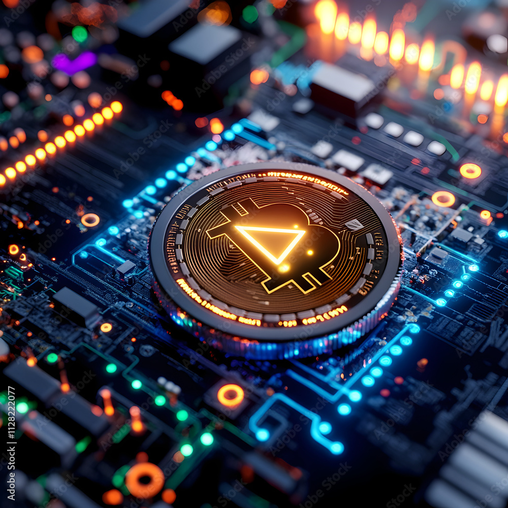 Poster illuminated litecoin token displayed on circuit board digital environment photostock imagery tech co