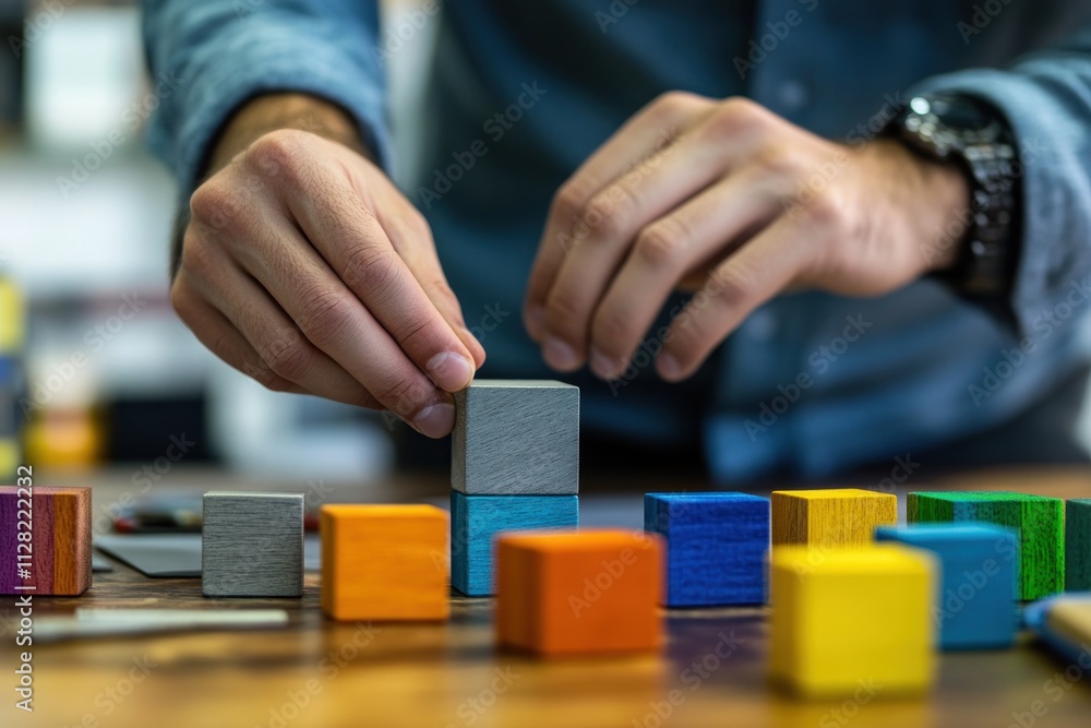 Poster a person arranging colorful wooden blocks on a table, focusing on creativity and play.