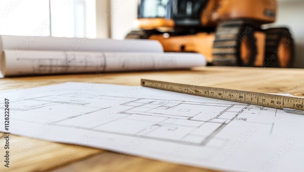 Aufkleber a construction plan lays on a table with a measuring tool, while machinery is in the background.
