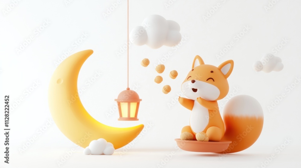 Poster a cute fox character joyfully interacts with a crescent moon and lantern in a whimsical scene.