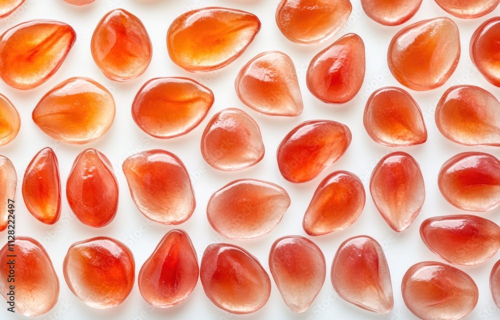 Poster a collection of glossy, teardrop-shaped red stones arranged on a white background.