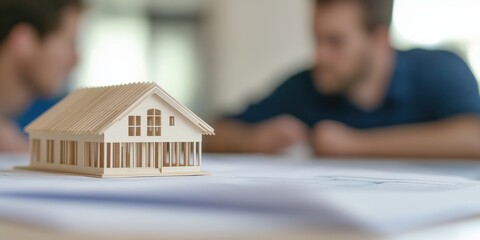 A detailed architectural model is displayed on a table while two individuals discuss plans, showcasing the collaboration in the creative process of design and development.