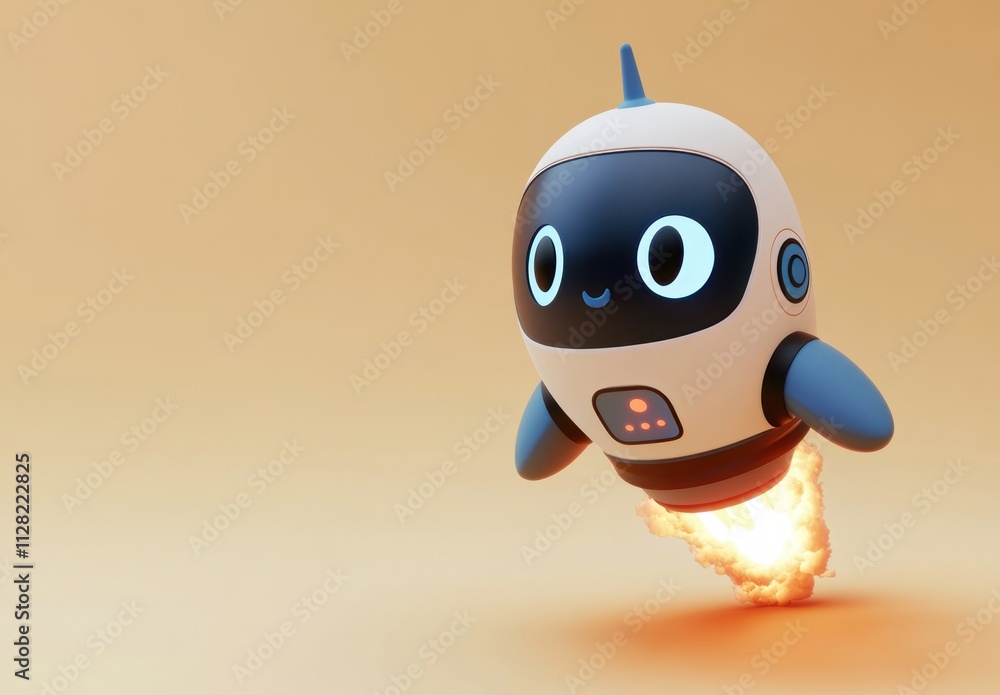 Poster a cute robot character flying with a jetpack, emitting flames, against a warm background.