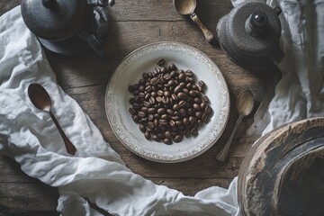 A rustic arrangement featuring coffee beans on a plate, surrounded by utensils and pots.
