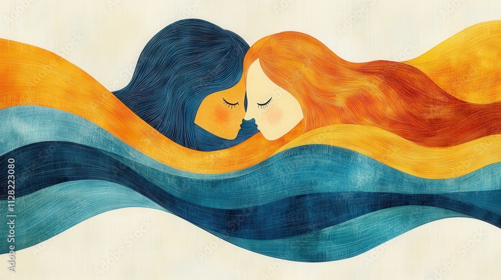 Wall mural Abstract illustration of two women with flowing hair, merging colors of orange, blue, and yellow, evoking connection, emotion, and harmony in a serene artistic expression.