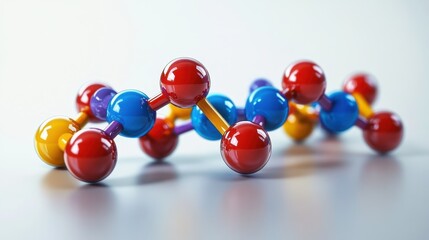 Obraz premium Colorful 3D model of a molecule; atoms connected by bonds. Illustrates molecular structure, ideal for science or education.