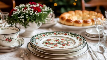 Festive Holiday Table Setting With Floral Plates And Bread