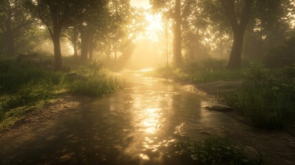 Obraz premium Serene Sunrise Over A Tranquil Forest Stream