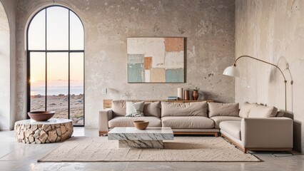 Obraz premium Generative AI, Minimalist living room with arched windows, natural tones, and travertine coffee table