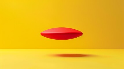 A bright red ellipsoid hovering against a solid yellow background