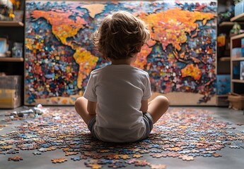 A child sits on the floor with their back to the viewer, building an abstract puzzle of a colorful world map on the wall behind them