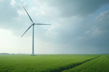 Fototapeta premium Wind turbine in green field, clean energy landscape