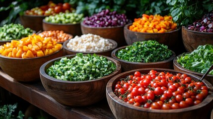 Fototapeta premium Vibrant Arrangement of Fresh Vegetables and Colorful Produce in Wooden Bowls on a Rustic Table Surrounded by Greenery in a Natural Setting
