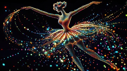 Ballerina in vibrant, sparkling dress, twirling with light trails.