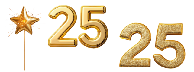 PNG set of golden number 25 with glitter and star decoration
