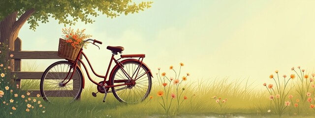 Obraz premium Vintage bicycle in blooming meadow, nostalgic countryside charm