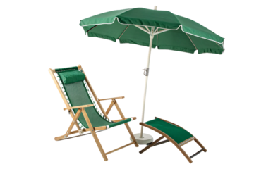 A green canvas lounge chair with a matching umbrella and footrest, creating a serene outdoor setting perfect for shaded relaxation, set against a transparent background