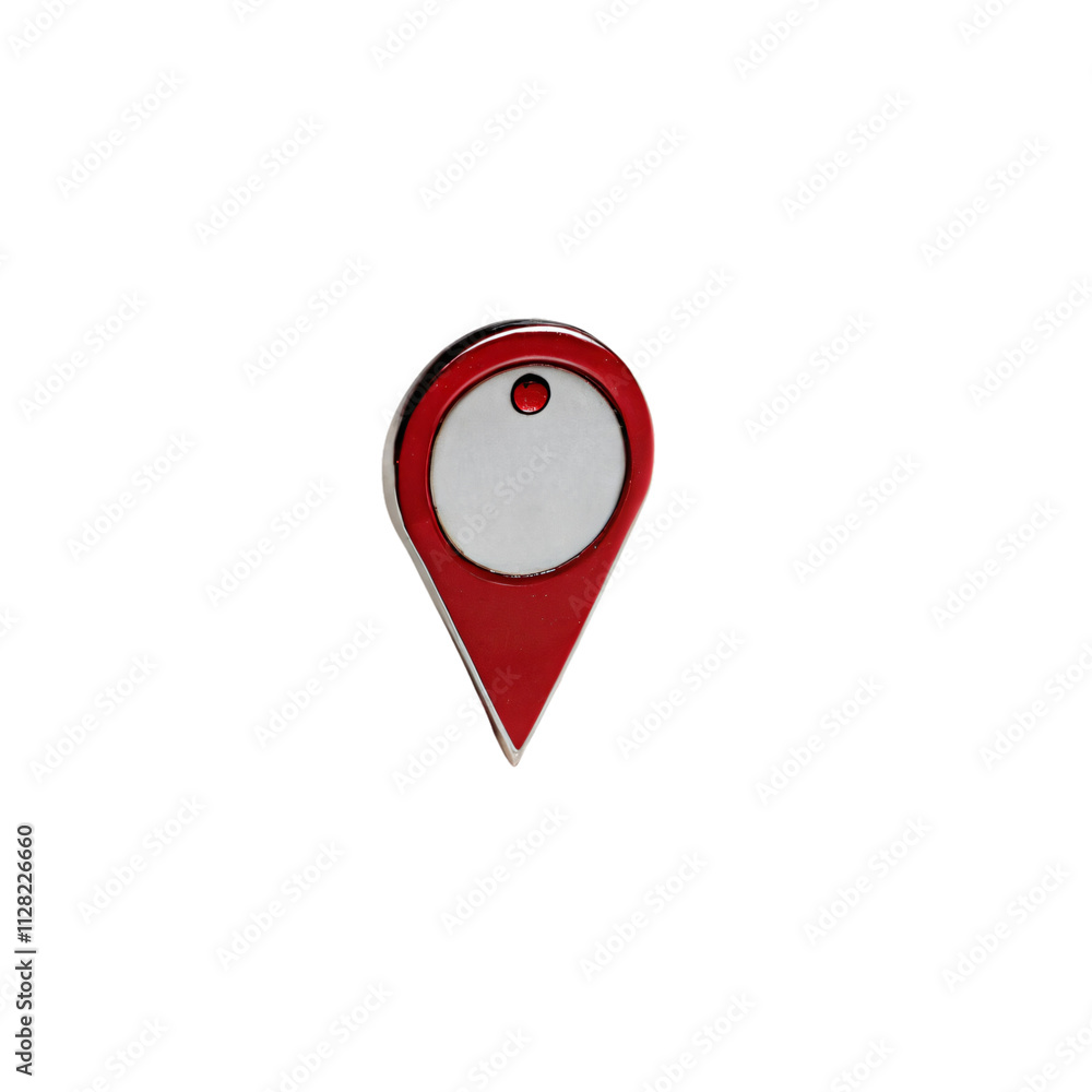 Poster a red and white pin resembling a map marker, with a shiny metallic finish, symbolizing location or n