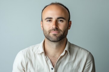 Obraz premium Portrait of a man with short brown hair and beard, wearing a light beige shirt. Ideal for corporate, professional, or neutral imagery needs.