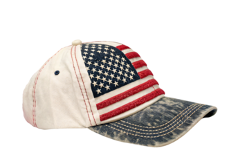 A vintage-style American flag baseball cap, featuring faded denim patterns and textured red stripes for a rustic, worn-in aesthetic, set against a transparent background