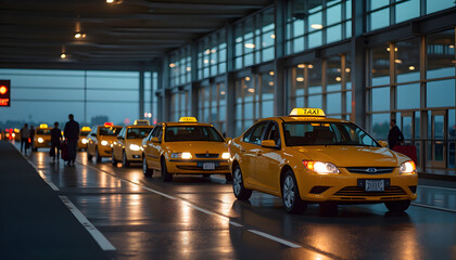 Row of yellow taxis waiting at an airport terminal, bustling and convenient, copy space

