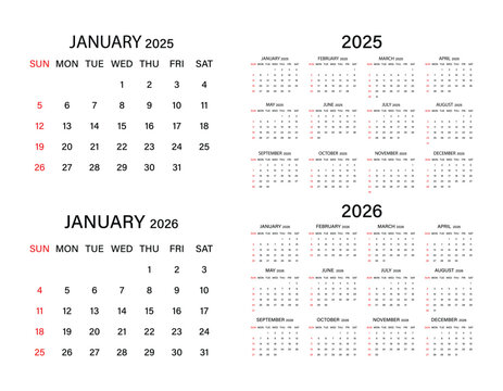 calendar for year 2025 and 2026. simple minimal style calendar, week starting with sunday. printable vector illustration.