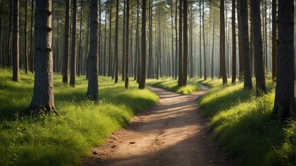 Fototapeta premium a dirt path through a forest filled with tall trees