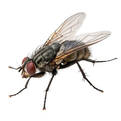Detailed macro view of a common housefly, highlighting its translucent wings, compound eyes, and bristly body. Intricate textures showcase nature&rsquo;s complexity, set against a transparent background