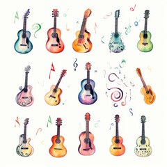 Naklejka premium A vibrant collage of colorful guitars surrounded by musical notes, showcasing a variety of styles and designs, celebrating the art of music.