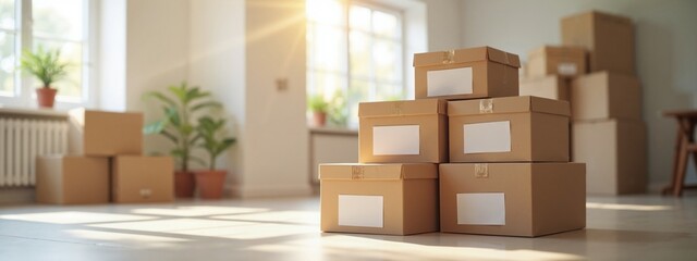 Stacked moving boxes in sunlit room, relocation and new beginnings