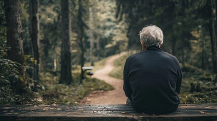 Fototapeta premium Man Sitting Alone on Secluded Forest Path Contemplating and Reflecting