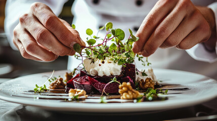 Gourmet Beet and Goat Cheese Salad Artfully Plated by Chef for Fine Dining Experience