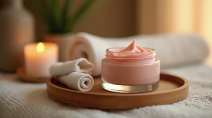 Spa essentials on wooden tray, relaxation and skincare