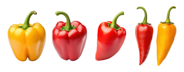 PNG set of colorful bell peppers and chili peppers in different shapes