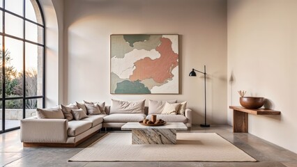 Generative AI, Minimalist living room with arched windows, natural tones, and travertine coffee table