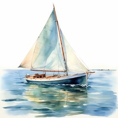 Fototapeta premium A serene watercolor painting of a sailboat gliding over calm waters, showcasing soft blue hues and a gentle breeze.