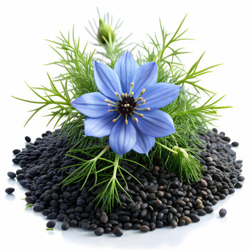 black cumin seeds with nigelia flower isolated on Transparent Background