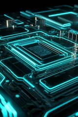 A futuristic circuit board glowing with blue lines on a black background. 