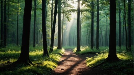 a path through a forest with sun shining through the trees