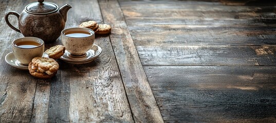 Rustic Afternoon Tea Setting with Teapot and Pastries for Text Placement or Promotional Design