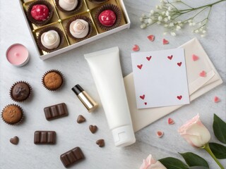 A beautiful display of skincare products and chocolates