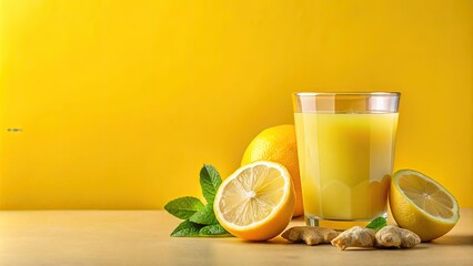 Fototapeta premium Vegan immunity boost! Minimalist photo of radiant ginger lemon juice.