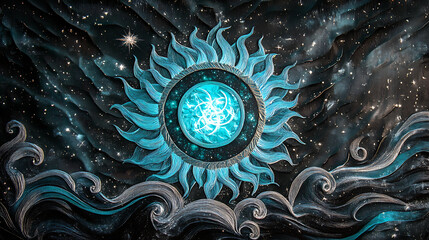celestial mandala design featuring vibrant sun and cosmic waves