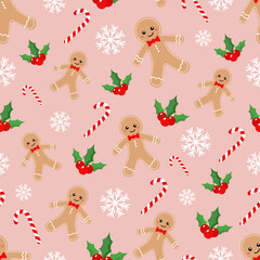 Vector pattern with a gingerbread man, candy cane, snowflake on a pink background