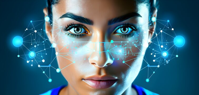 Close up of a focused athlete face with data overlay and neural network nodes around the eyes, representing AI-enhanced vision and performance