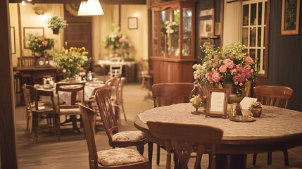Obraz premium charming wedding reception with vintage decor and floral arrangements